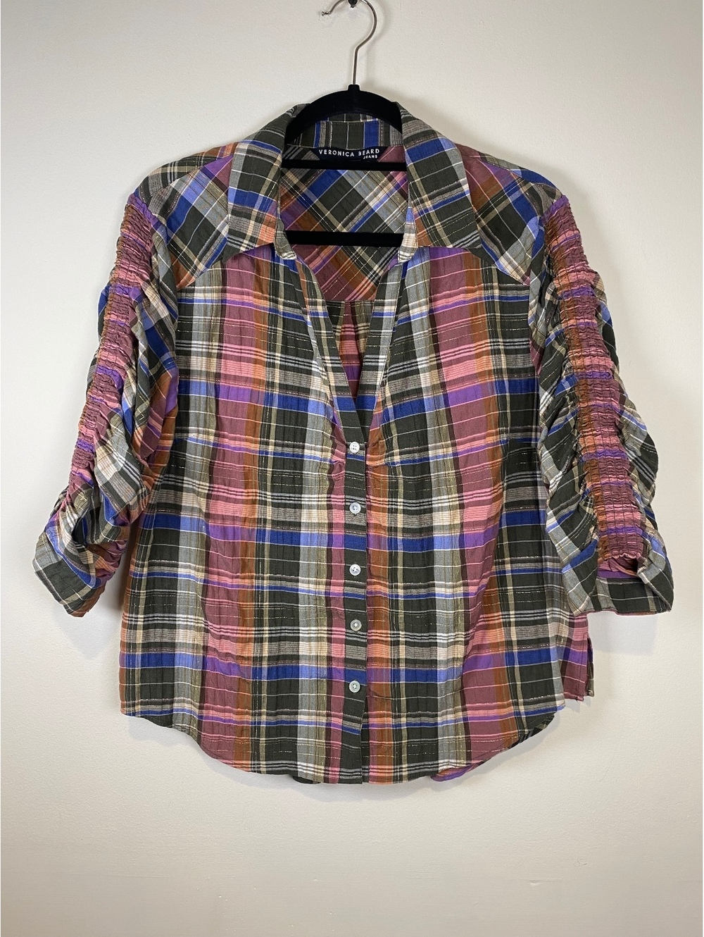 Veronica Beard Jeans Plaid Button-Up Shirt with Ruched Sleeves, Size L